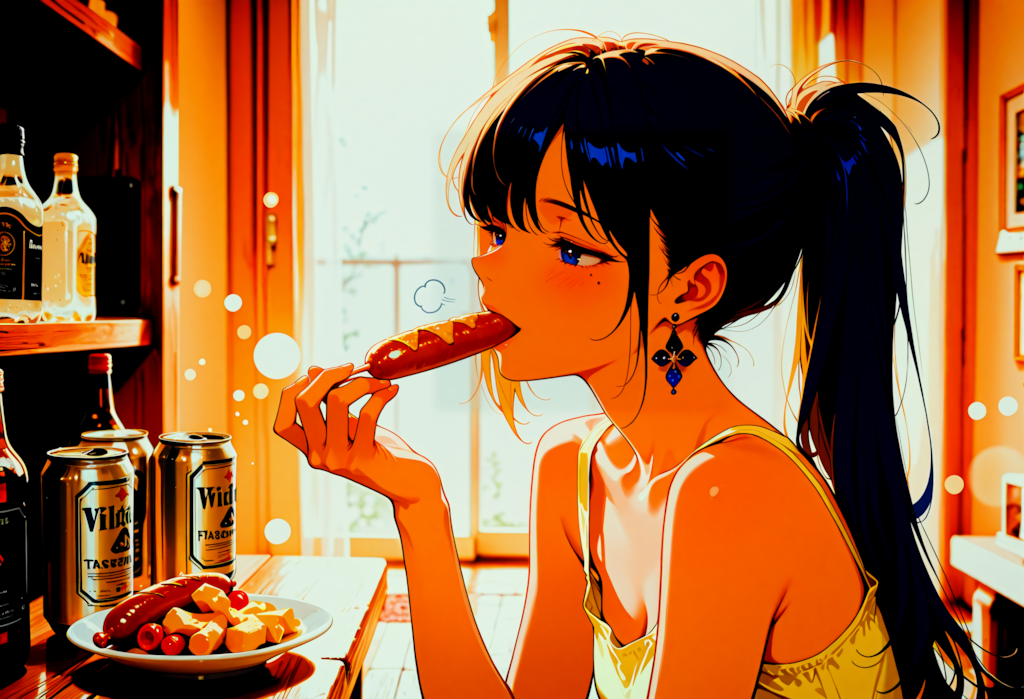 【黄昏の晩酌】夕暮れ時のエモい光の中で、おつまみを全力で味わう横顔