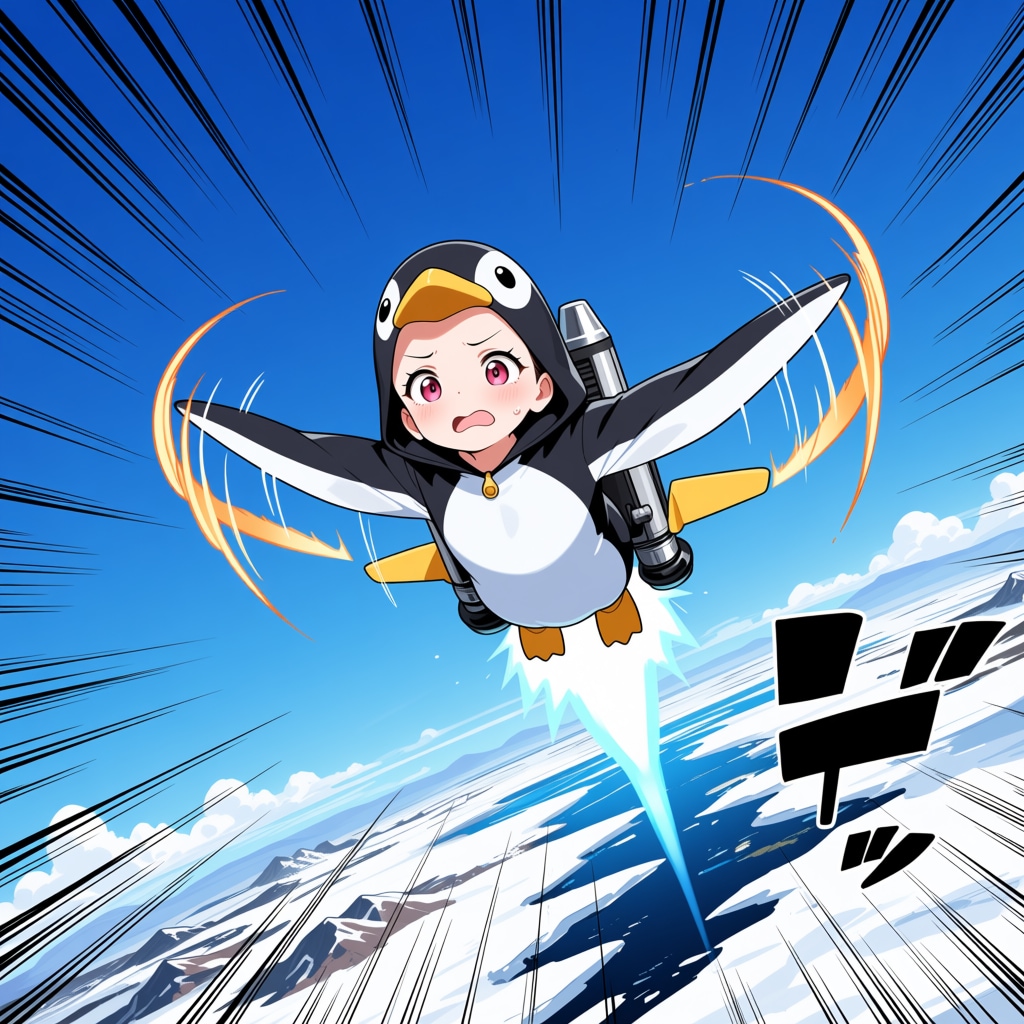 気合を入れてジェットエンジンで飛ぶペンギンちゃん！！