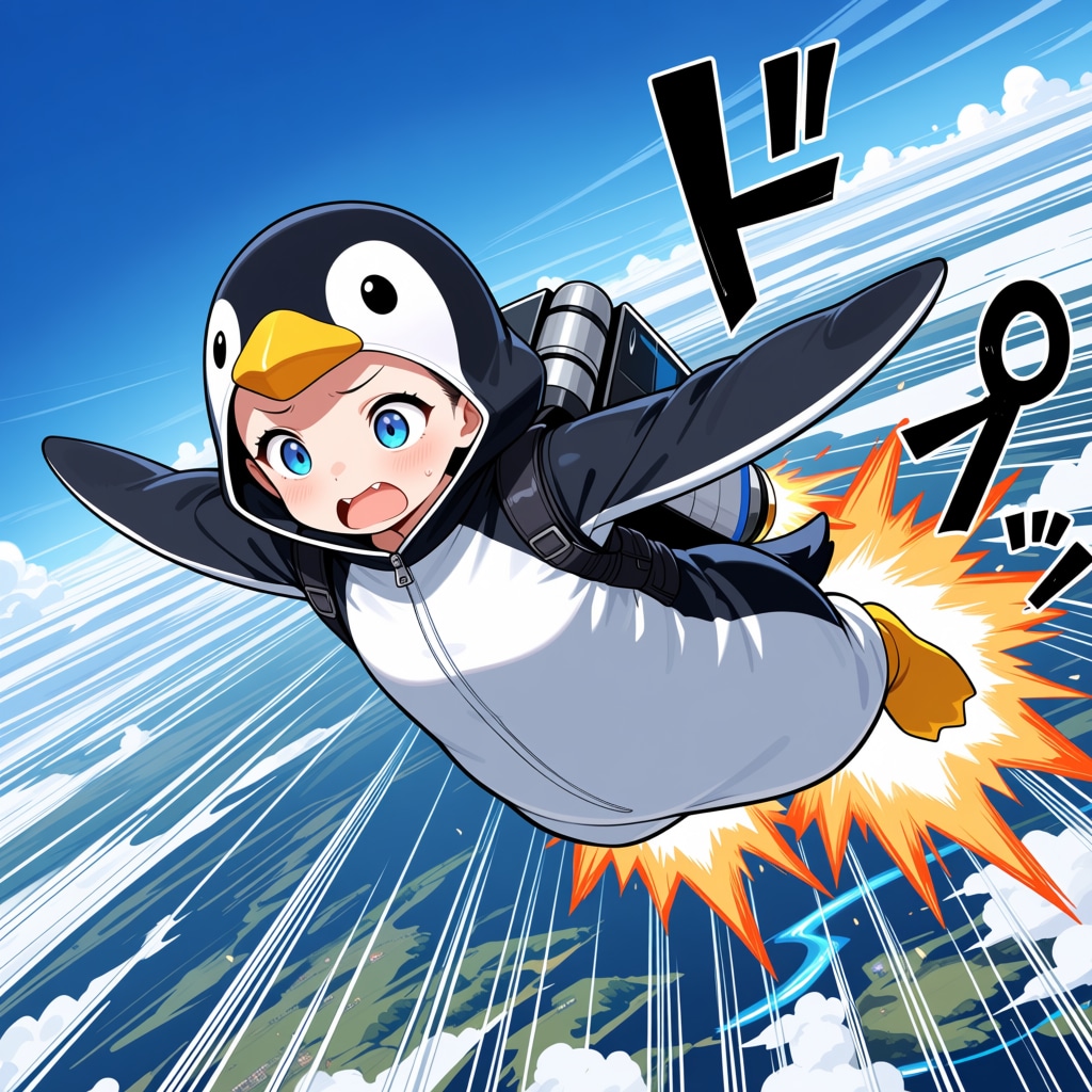 気合を入れてジェットエンジンで飛ぶペンギンちゃん！！
