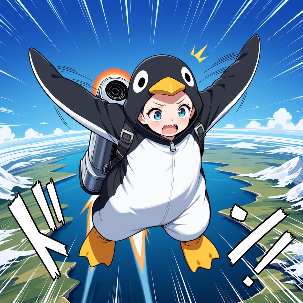 気合を入れてジェットエンジンで飛ぶペンギンちゃん！！