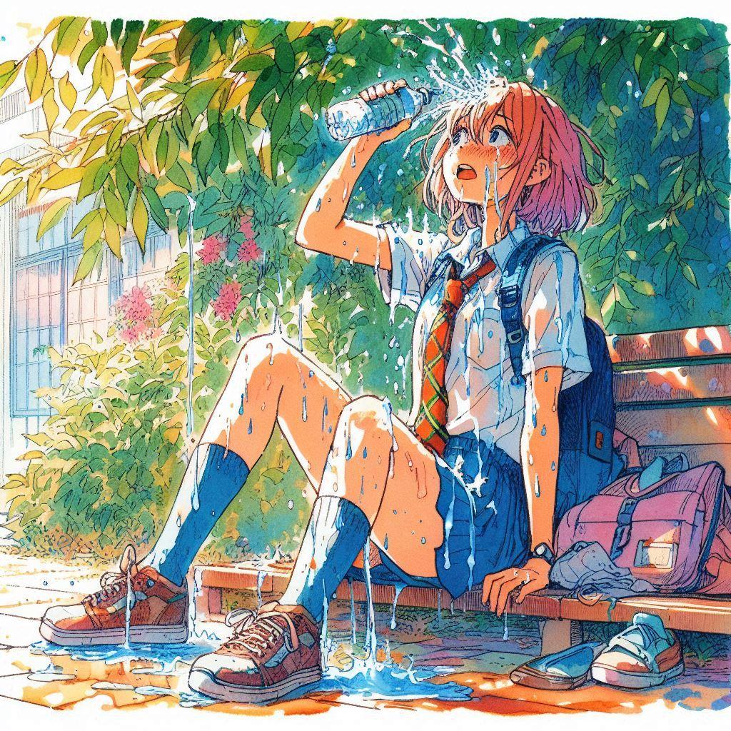 水を浴びる少女 (水を飲む少女⑤) | の人気AIイラスト・グラビア