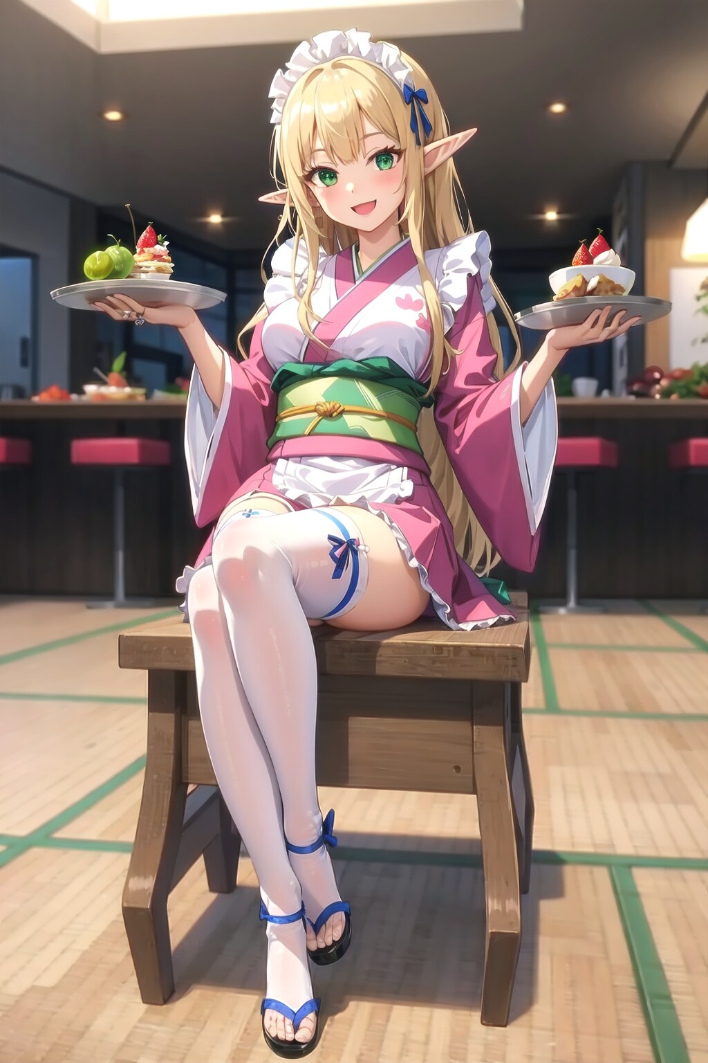 エルフの若奥様のピンク和服メイド姿