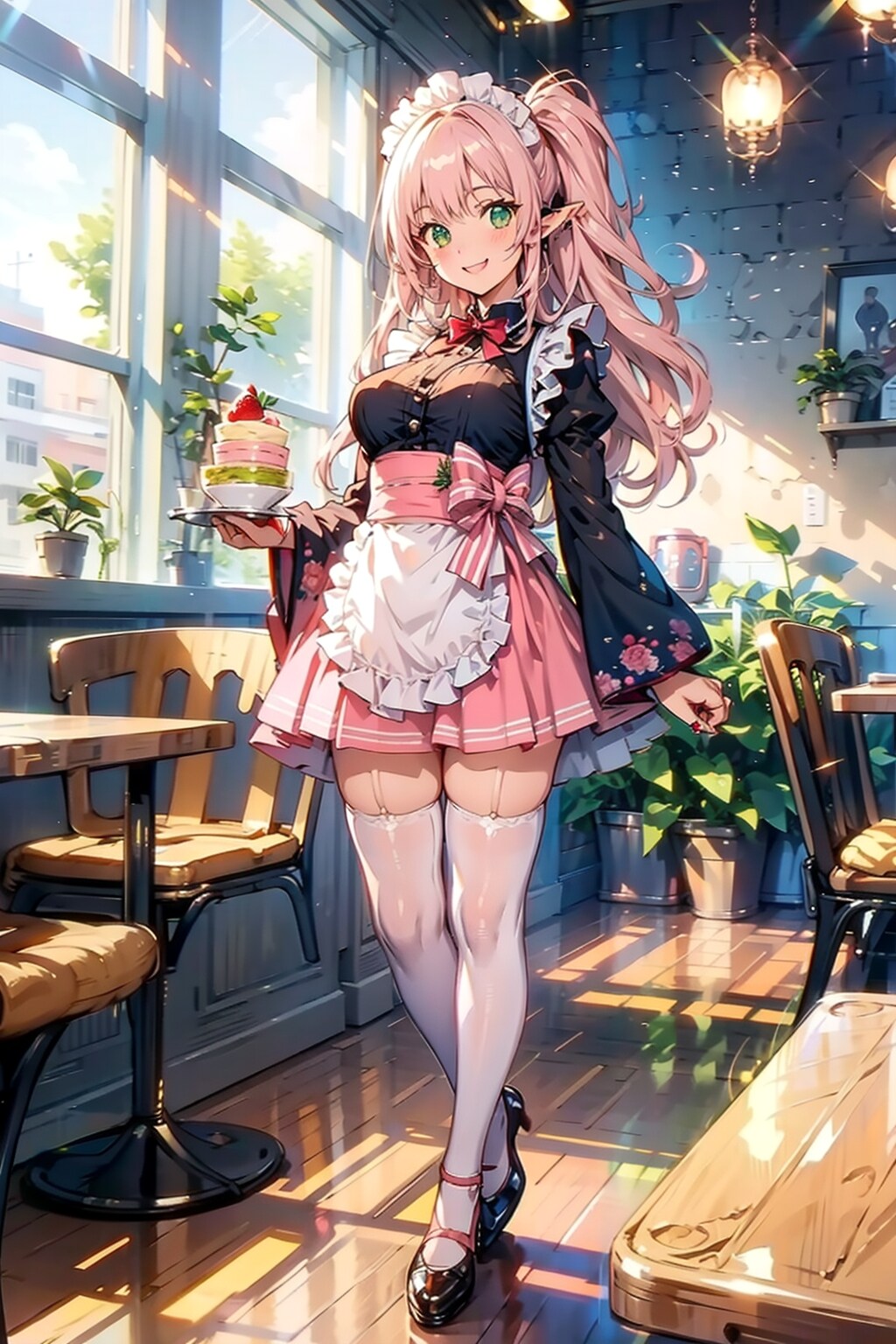 エルフの若奥様のピンク和服メイド姿