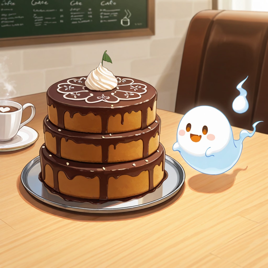 三段重ねチョコレートケーキとお化けさん