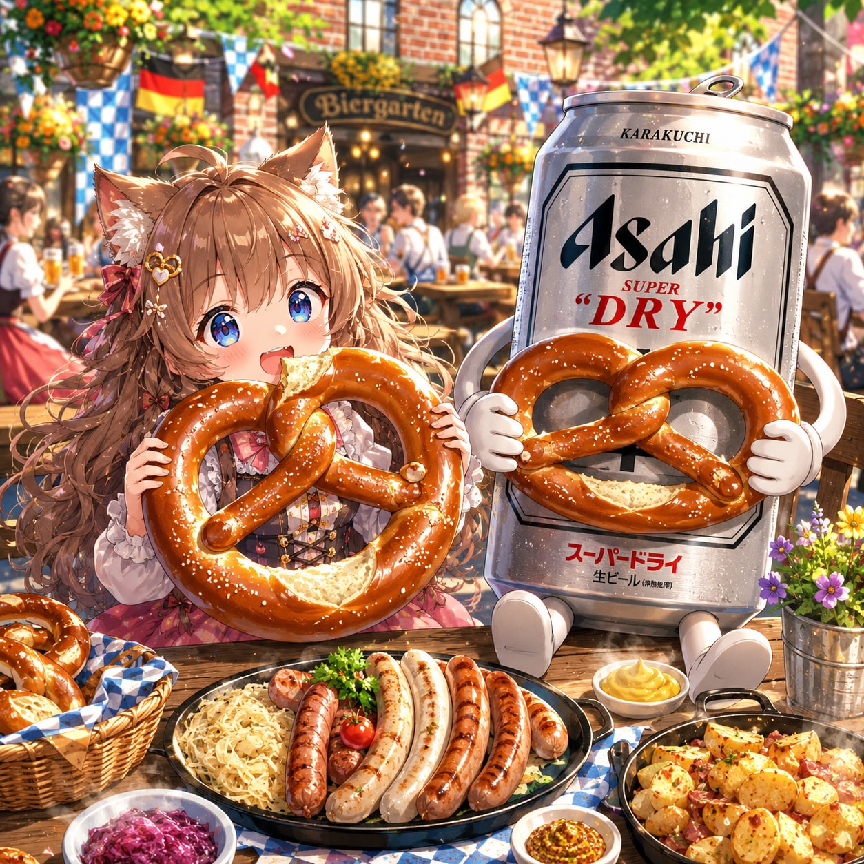 巨大プレッツェルを食べる小さな女の子