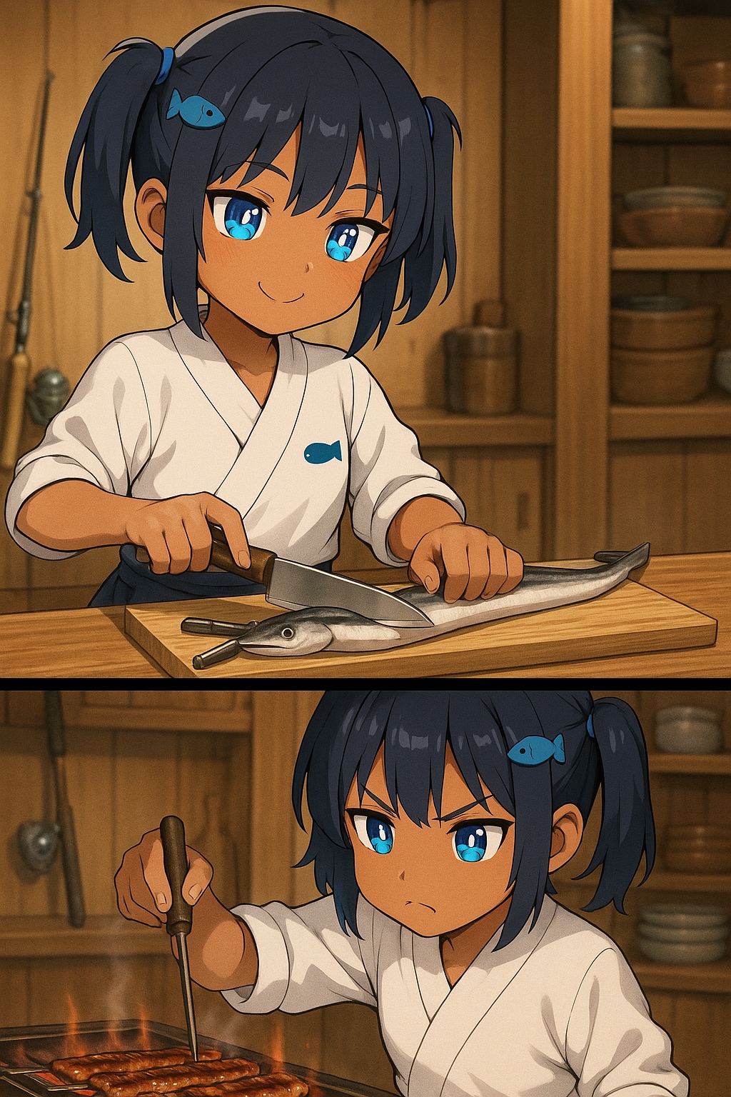 鰻を捌いて焼く職人こなつちゃん