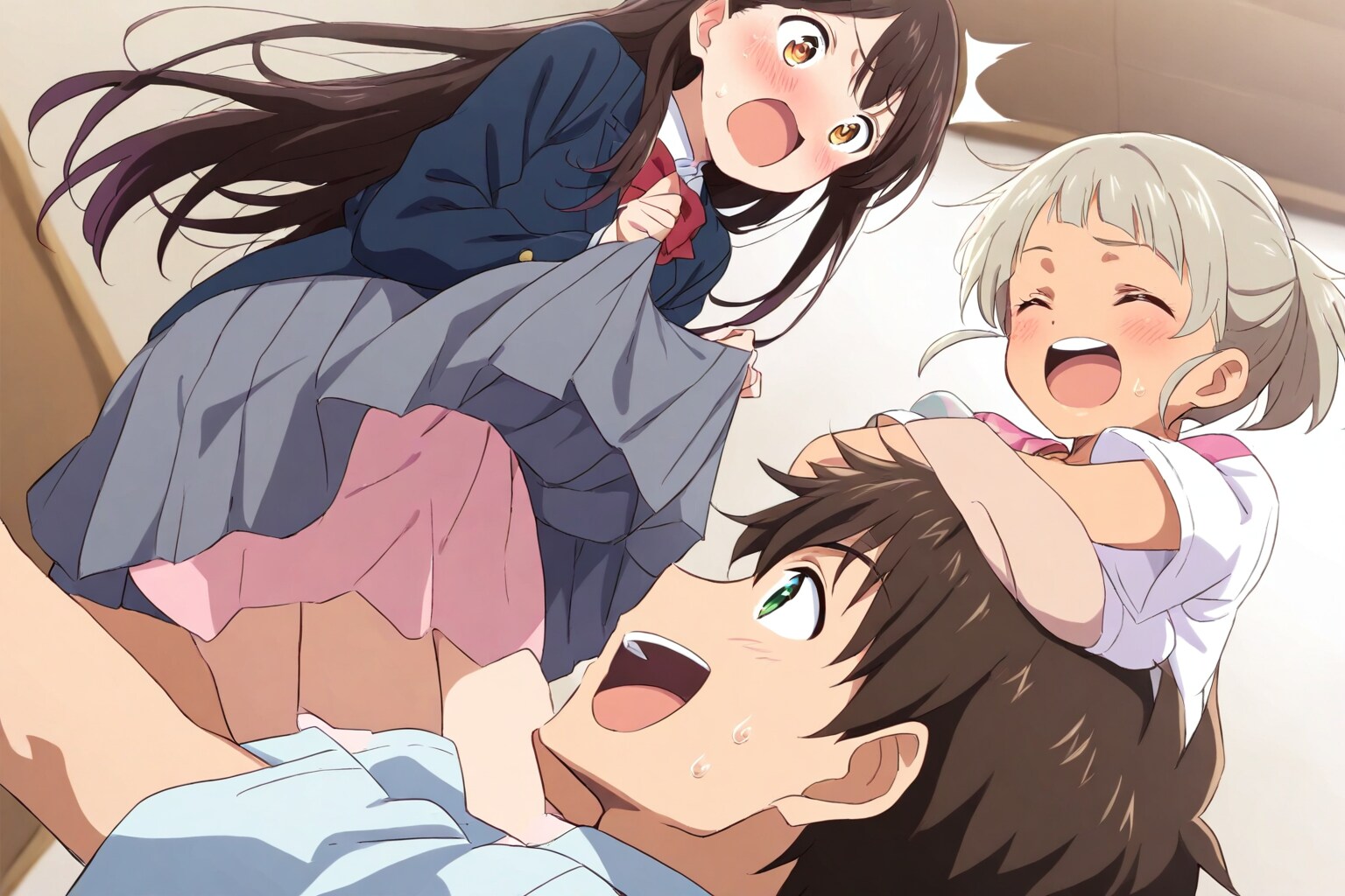 女の子を操ってスカートをめくらせてる男の子と、それを見て大喜びしている女の子
