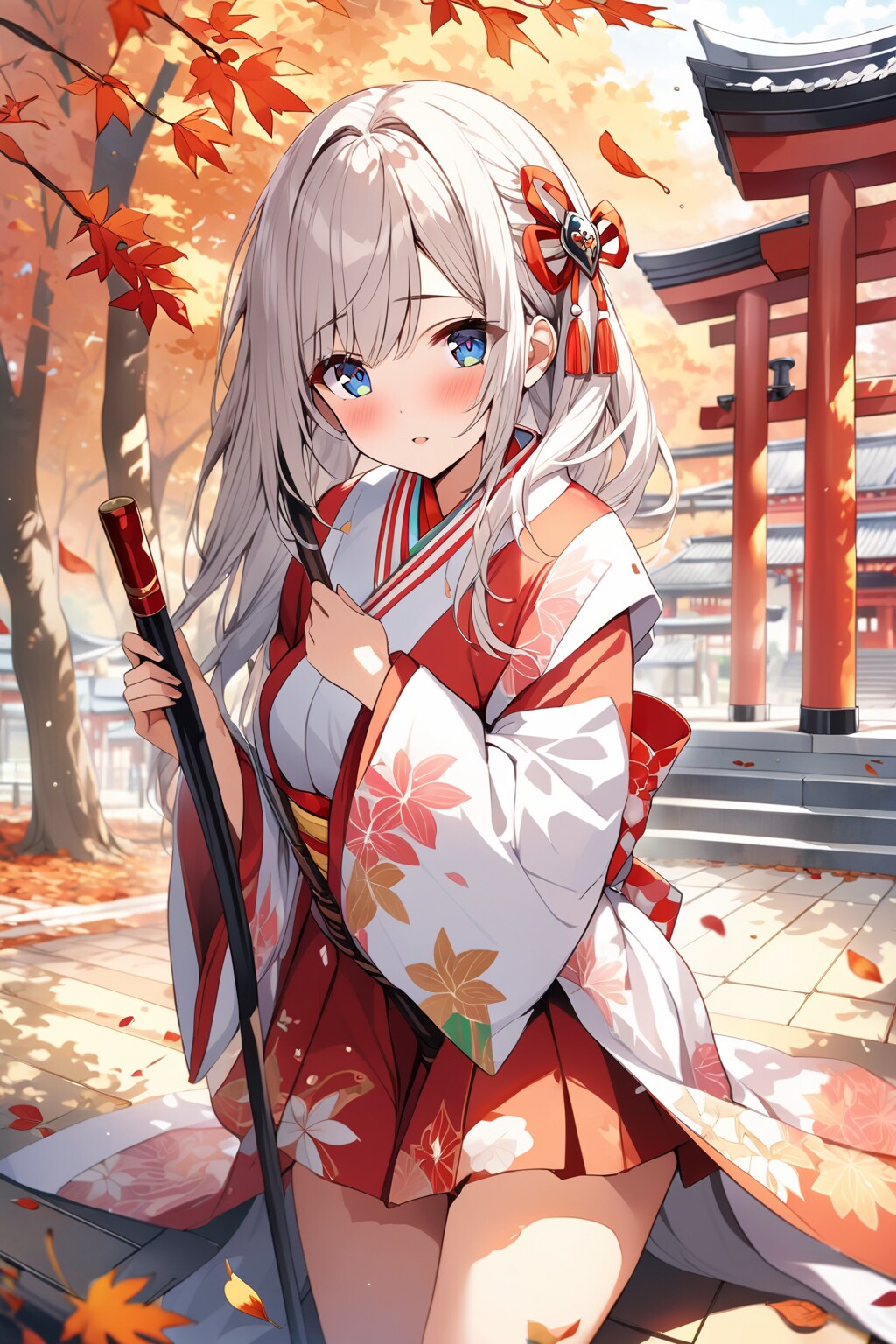 巫女さんと落ち葉