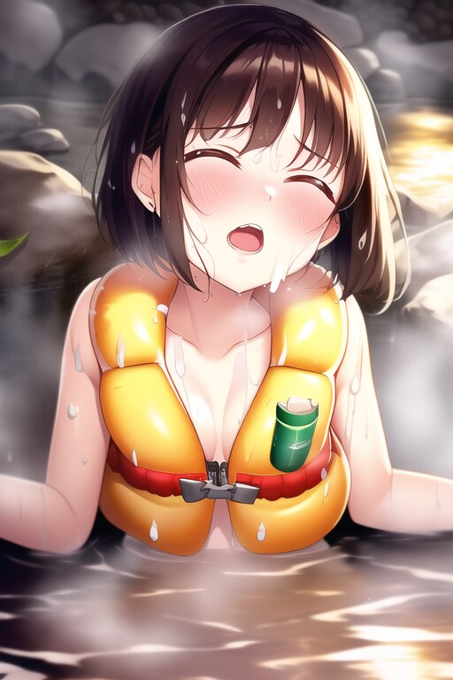 ライフジャケットを着たまま温泉に入って尿意を我慢してる女の子
