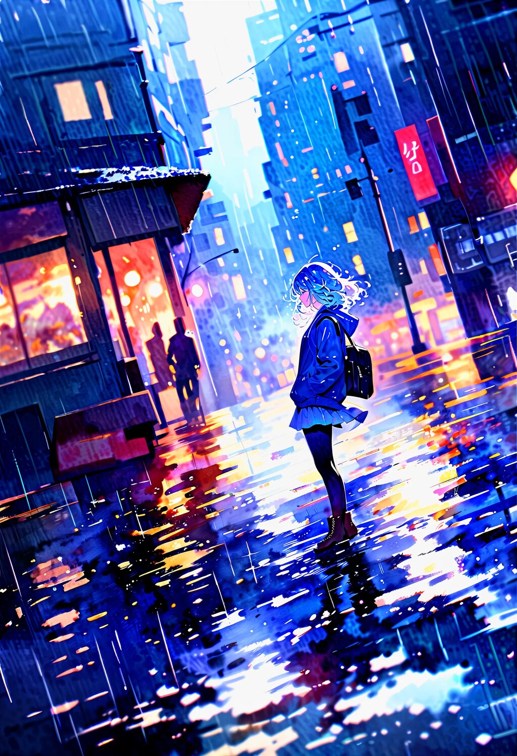 雨の帰宅中少女