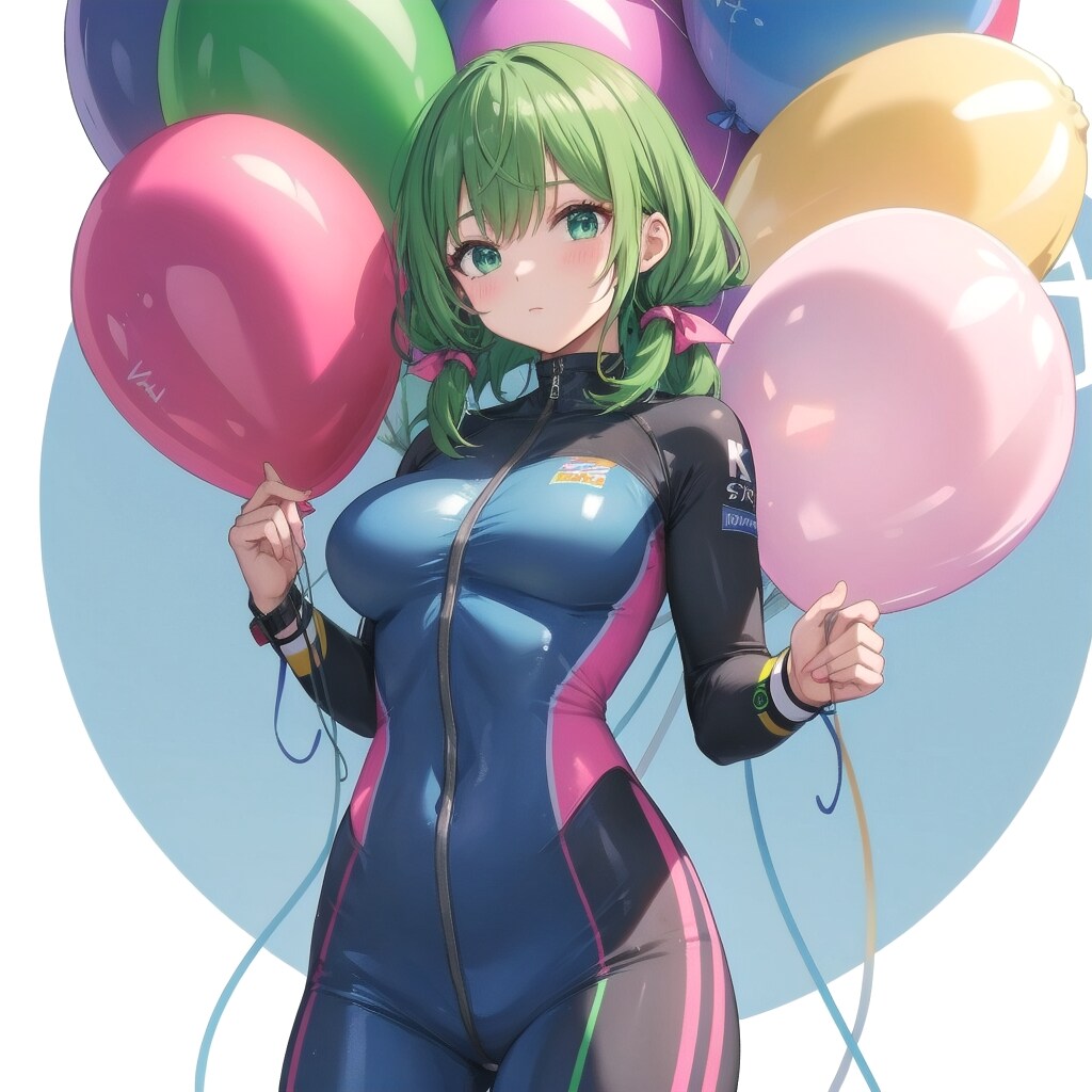 いっぱい巨大風船を持つレーシングスーツ着た緑髪ツインテールの美女 | の人気AIイラスト・グラビア