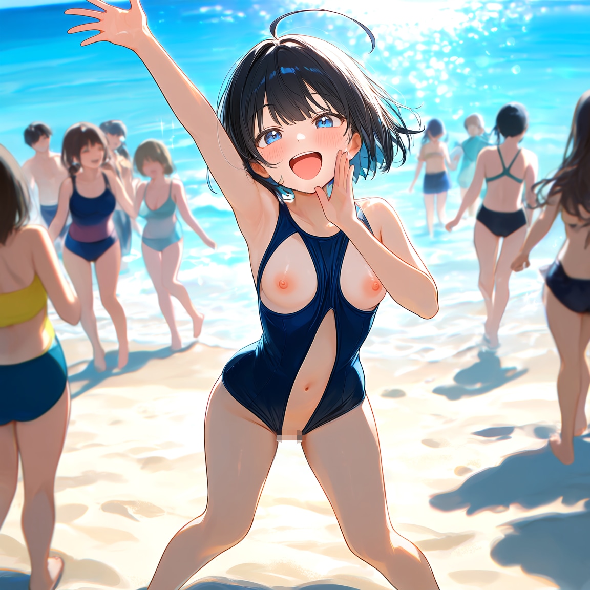 [2枚] 「タケシー！ビックリした？驚かそうとして着てきたんだ！え？まわりの人に迷惑？それもそうだね！上着を着るよ。ん？目を丸くしてどうしたの？…♥」（水と少女・大人向け１６２）