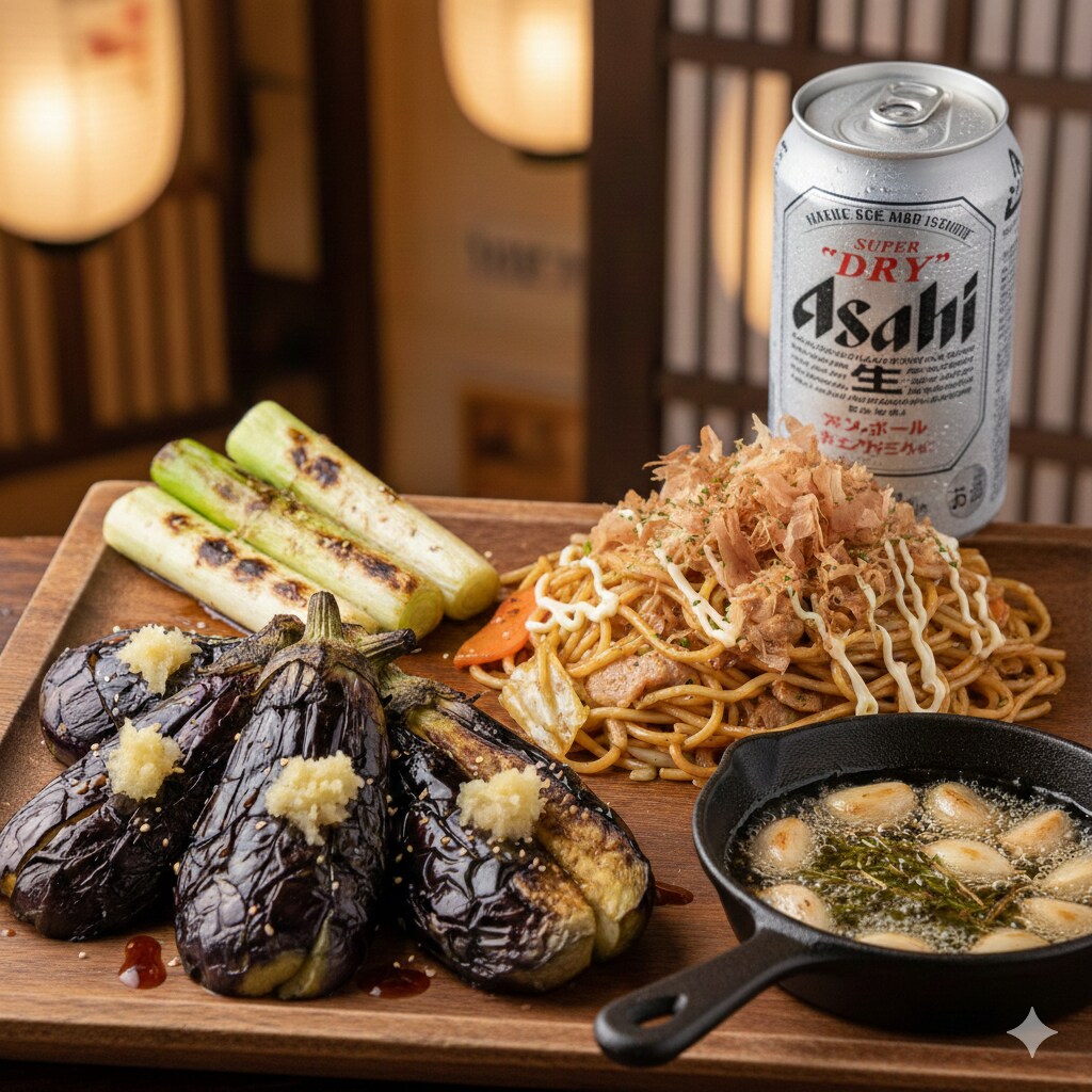 【晩飯】焼き茄子、焼きそば、長ネギ焼き、にんにくオイル、キンキンのやつ