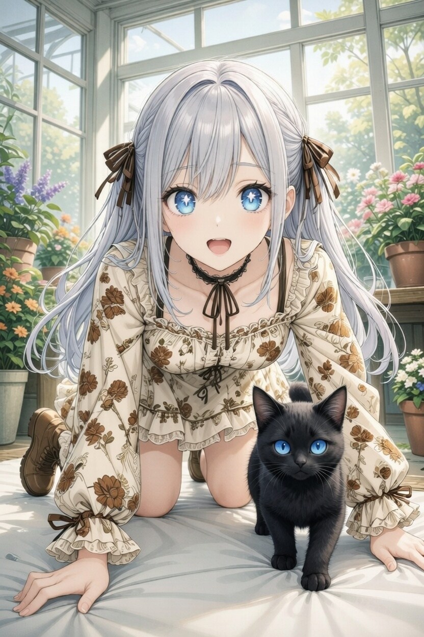 陽だまりの温室とサファイアブルーの黒猫
