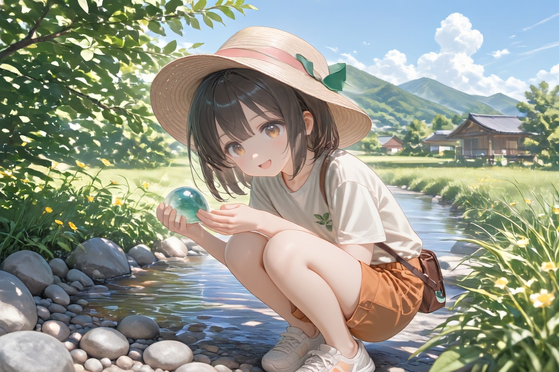 川遊び中綺麗な石を見つけたおんなのこ