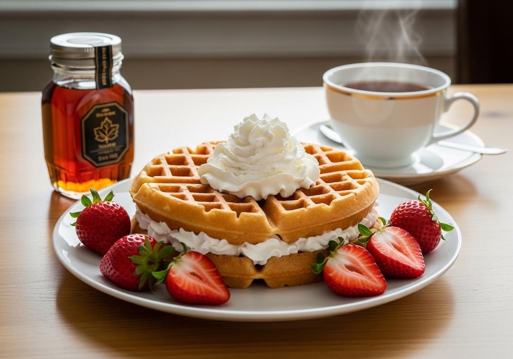 デザートの苺とワッフル