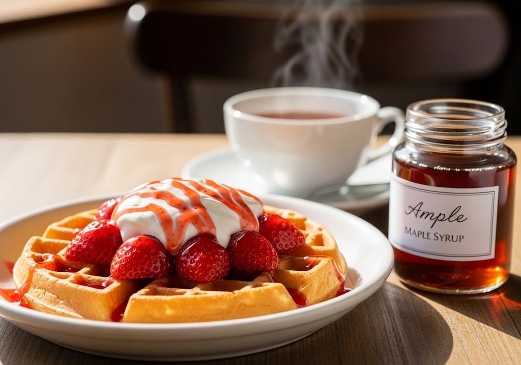 デザートの苺とワッフル