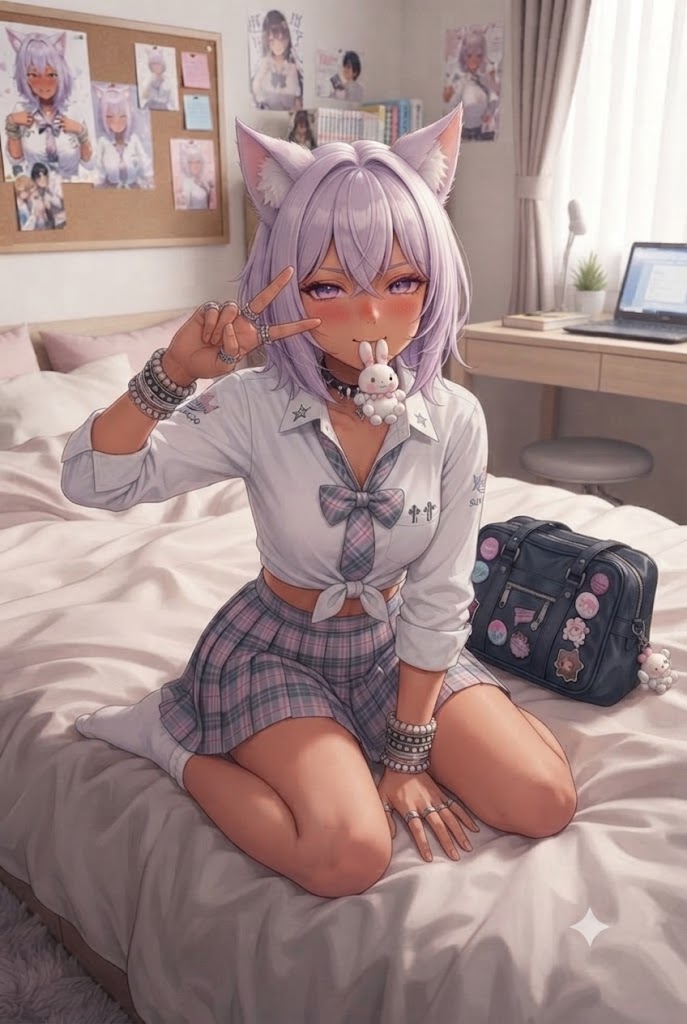 女の子座りでキーホルダー咥える制服日焼けギャルのシス