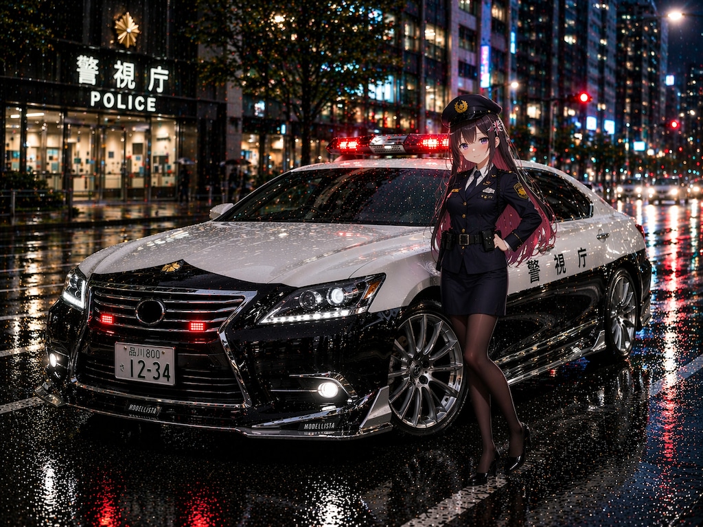 女性と国産ラグジュアリー警ら車