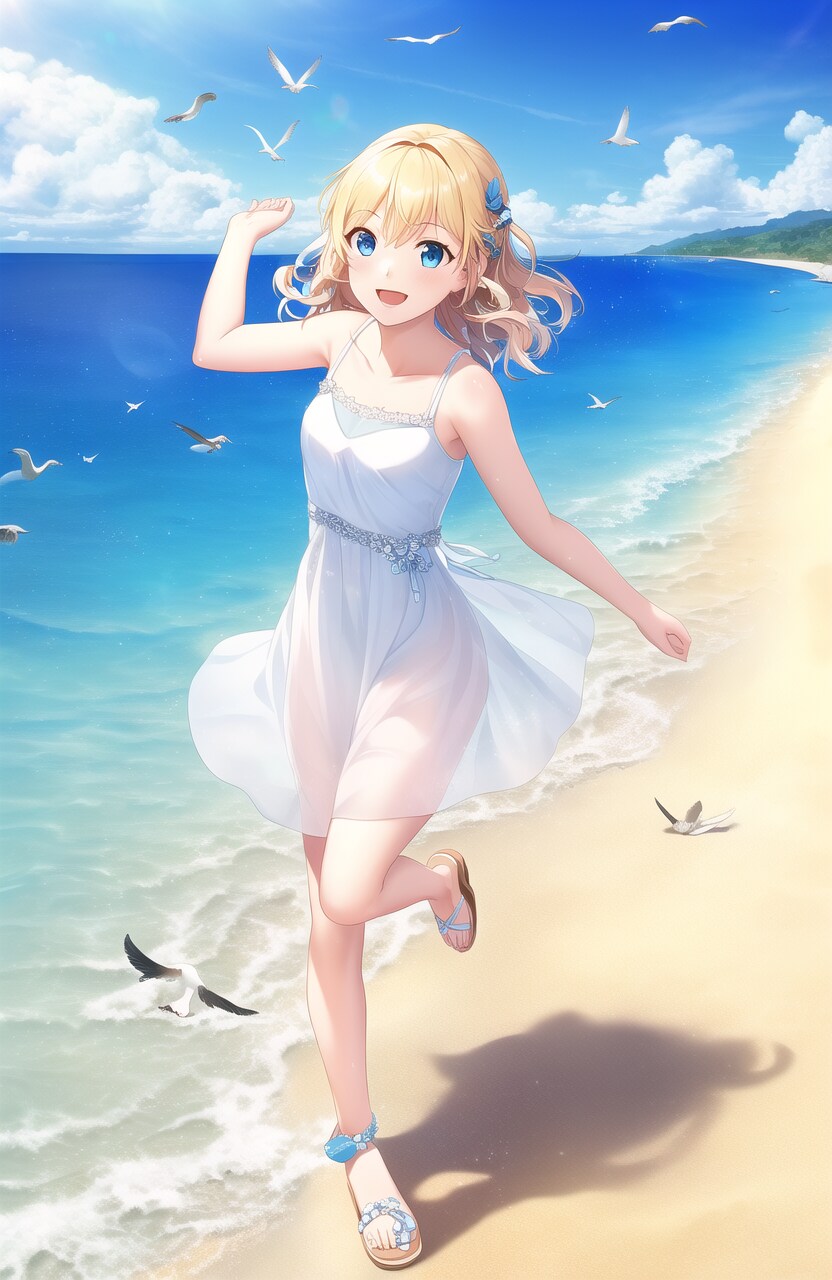 海辺ではしゃぐ女の子