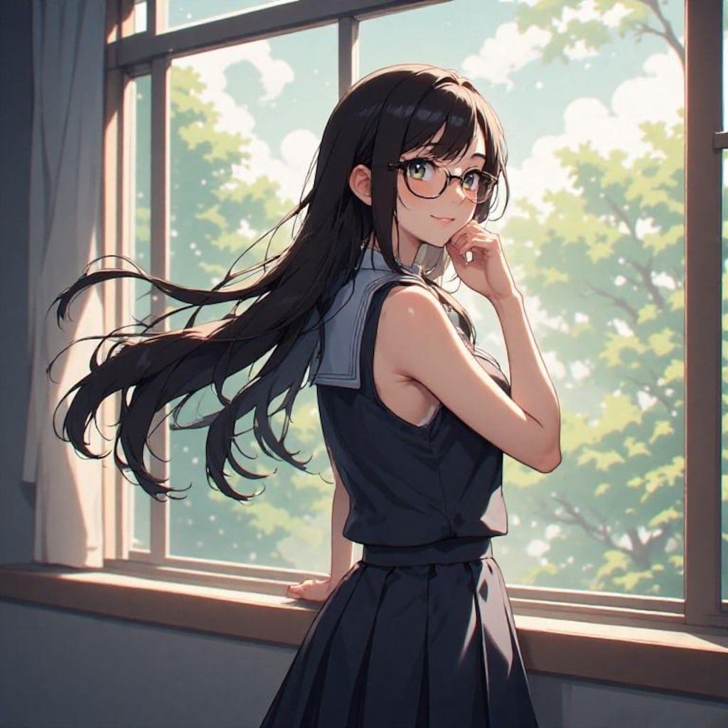 黒髪メガネ スリーブレス