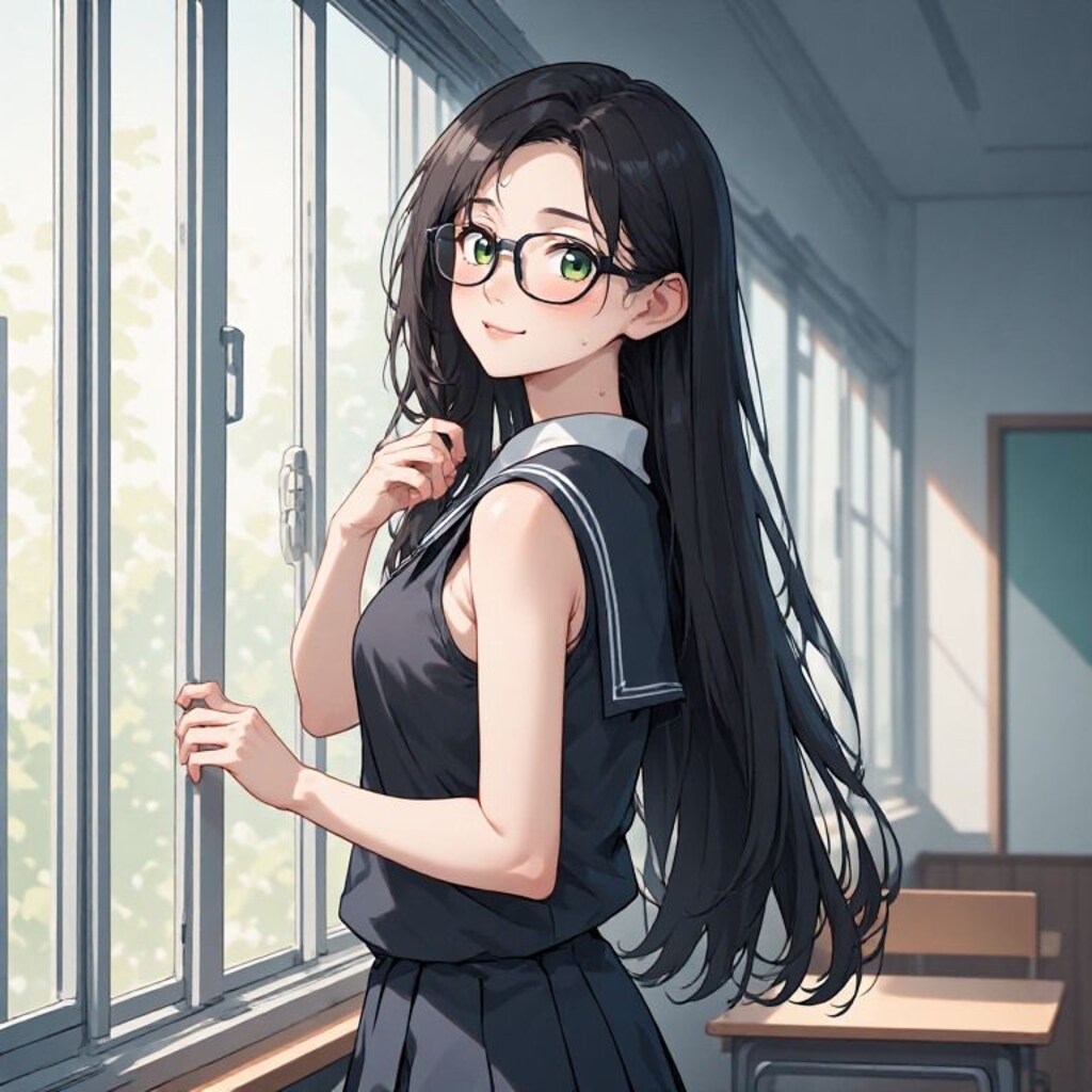 黒髪メガネ スリーブレス