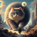 アニメ油絵世紀末風、散歩するたんぽぽ巨大猫 5枚目