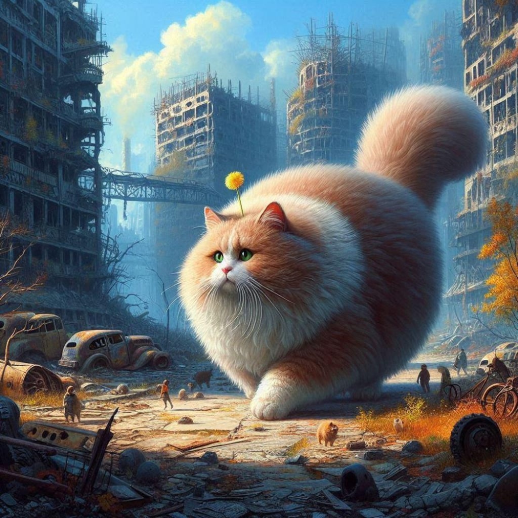 アニメ油絵世紀末風、散歩するたんぽぽ巨大猫