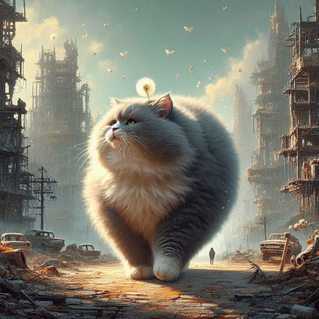 アニメ油絵世紀末風、散歩するたんぽぽ巨大猫