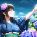 紫陽花に手を伸ばす黒髪和服美少女 3枚目