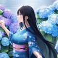 紫陽花に手を伸ばす黒髪和服美少女 2枚目