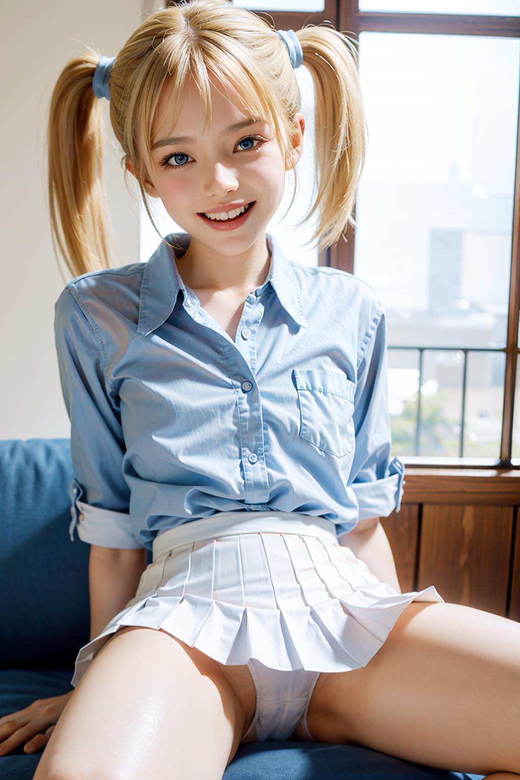 AIイラスト白ギャル貧乳ロリ顔　エロ画像　18歳女子校生海外コスプレイヤー「お父さんが、おっぱいを見てくれると、どんな日もポジティブにスタートできるよ！」