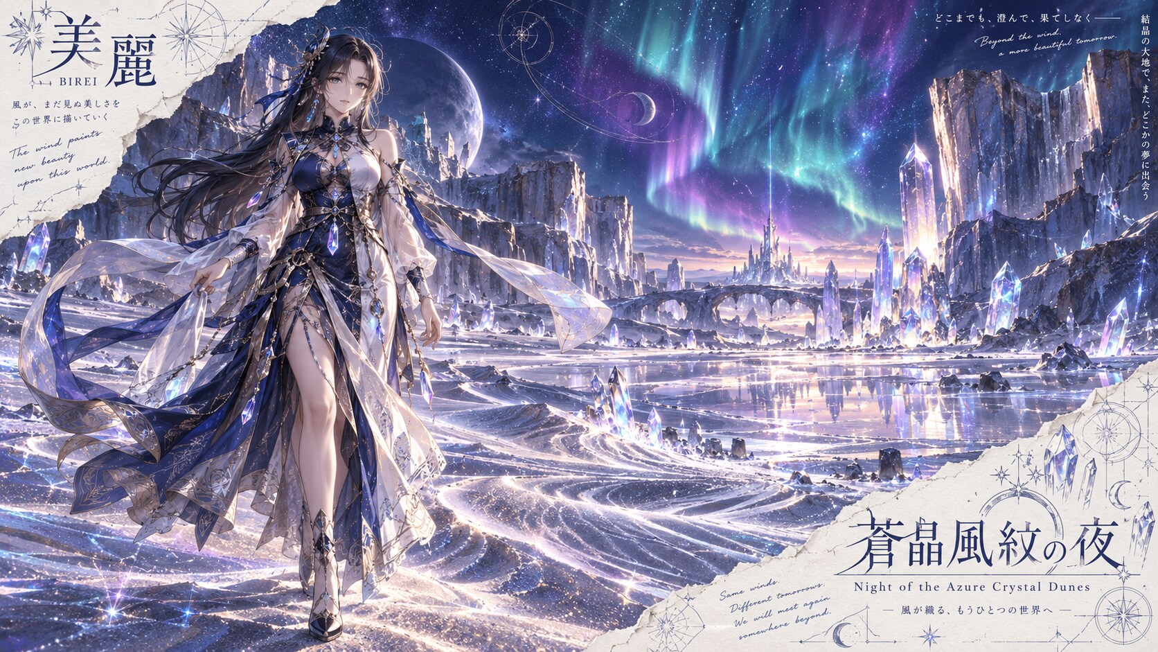 Night of the Azure Crystal Dunes  The wind paints new beauty upon this world.  Beneath an aurora-lit | の人気AIイラスト・グラビア