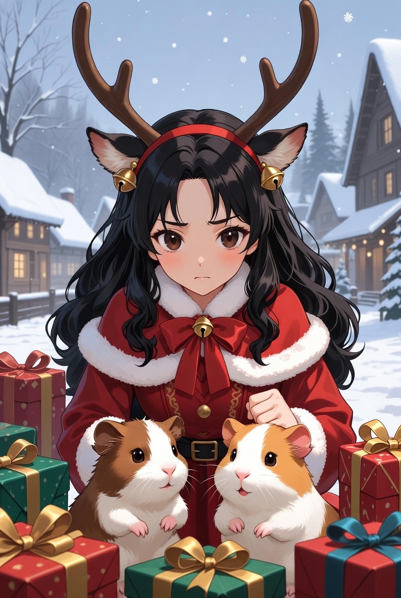 トナカイが逃げたのでトナカイ役とサンタ役両方やる少女とトナカイ役に志願してきたモルモット | の人気AIイラスト・グラビア