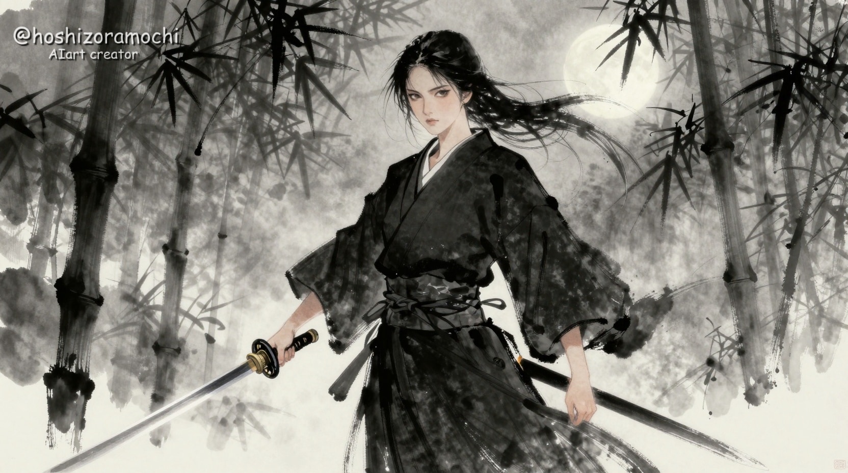 🌕月明かりの下で舞う墨絵の剣士 | の人気AIイラスト・グラビア