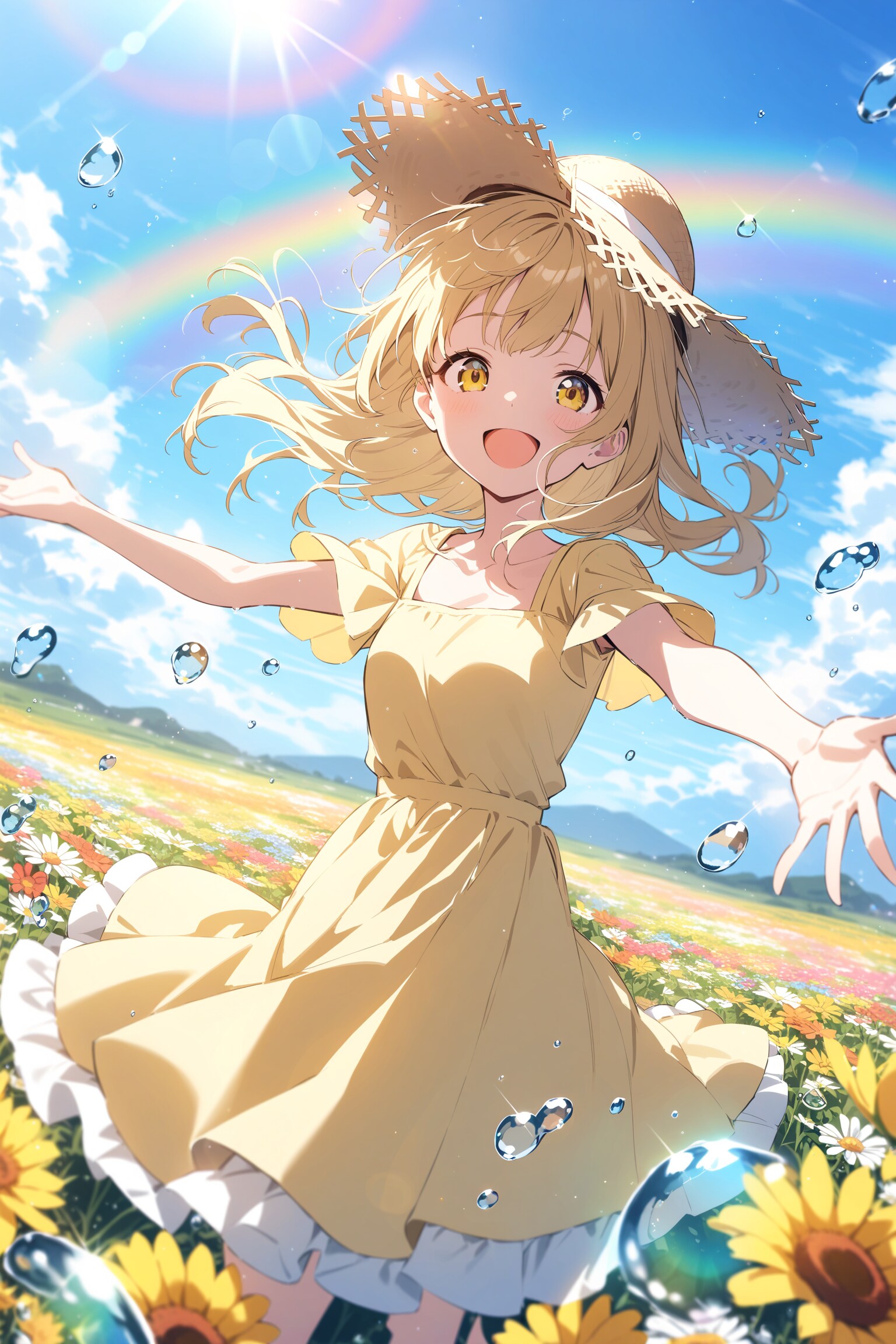 虹と日差しと花畑