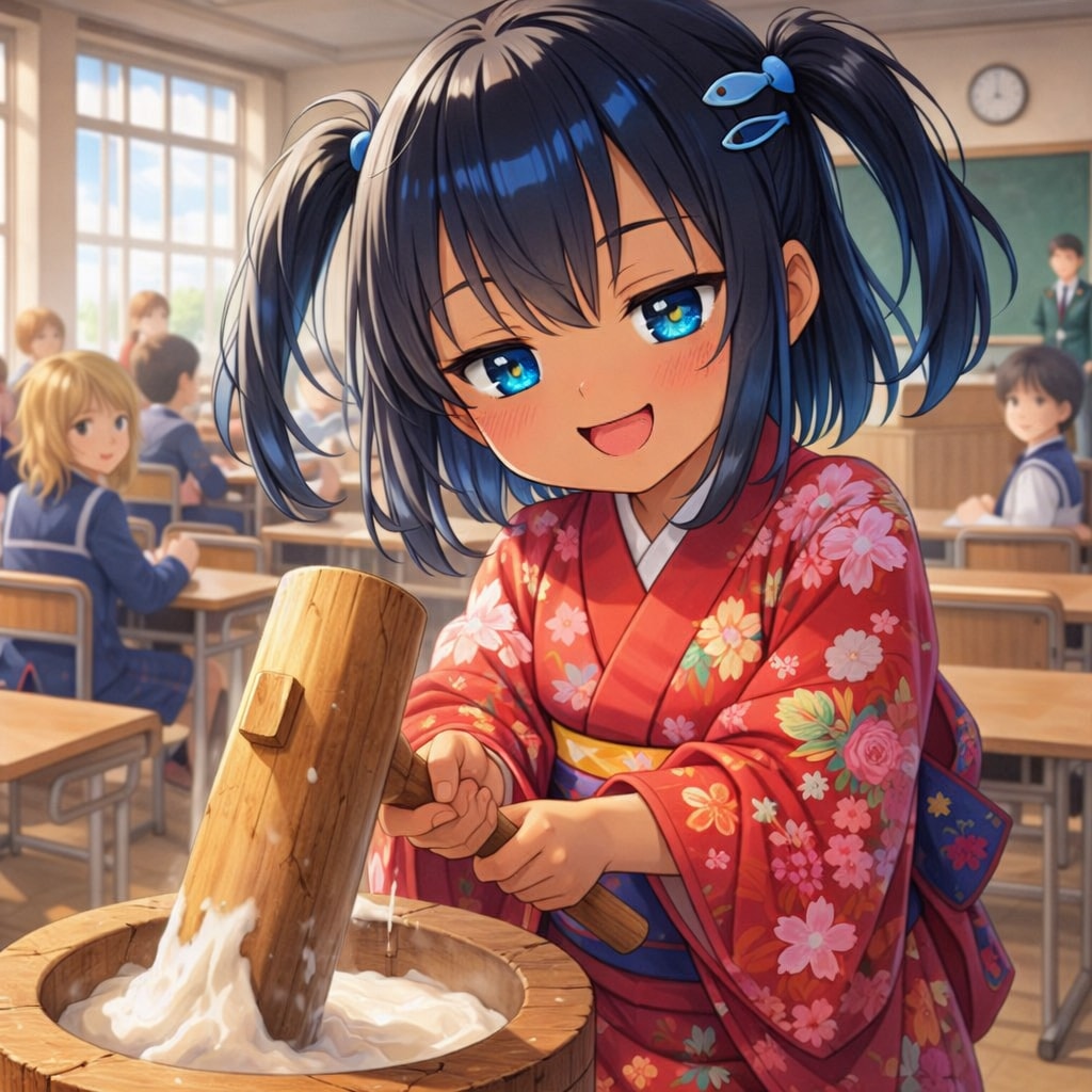 お餅つきするこなつちゃん