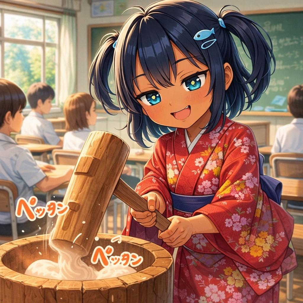 お餅つきするこなつちゃん