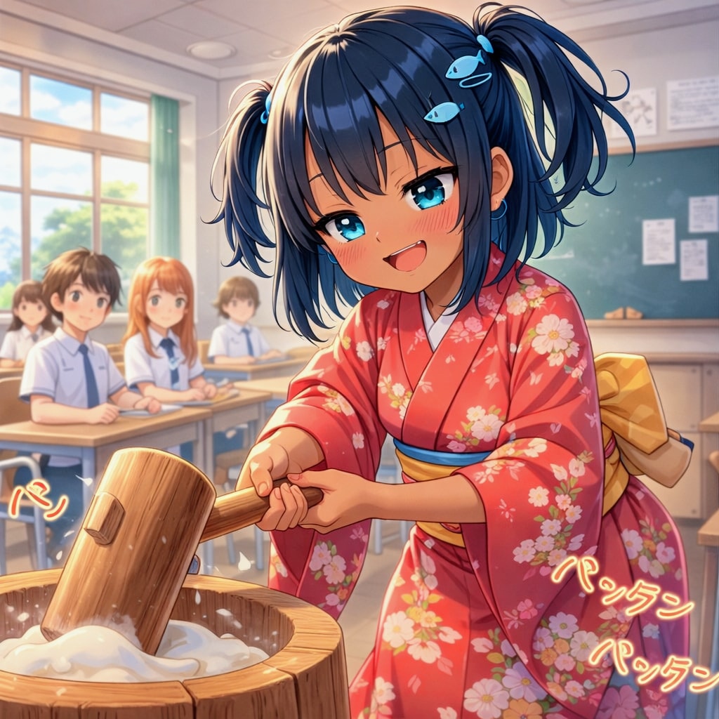 お餅つきするこなつちゃん