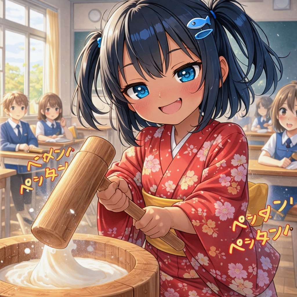 お餅つきするこなつちゃん