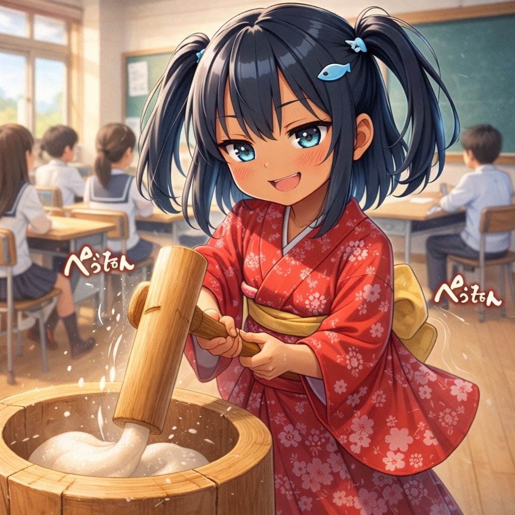 お餅つきするこなつちゃん