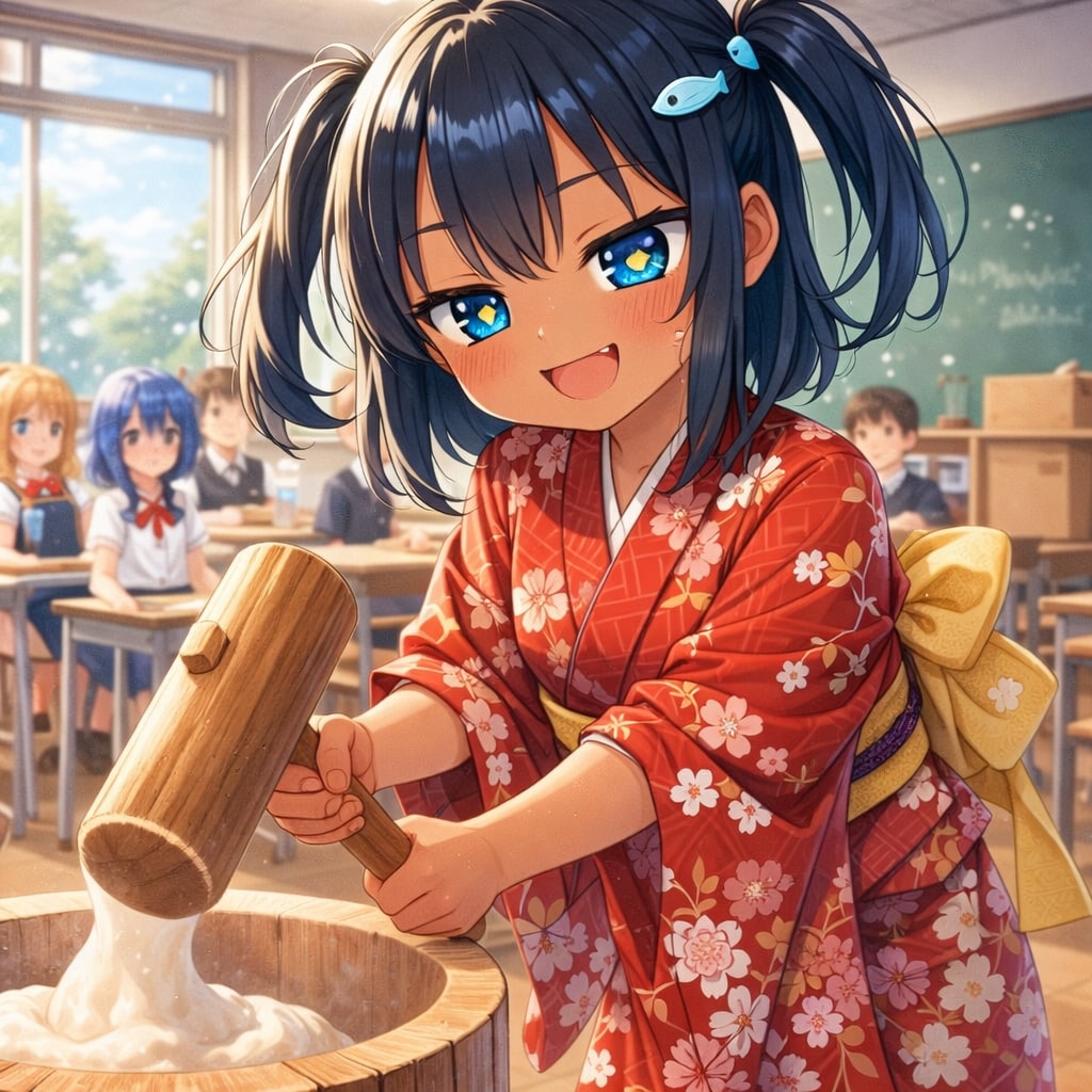 お餅つきするこなつちゃん