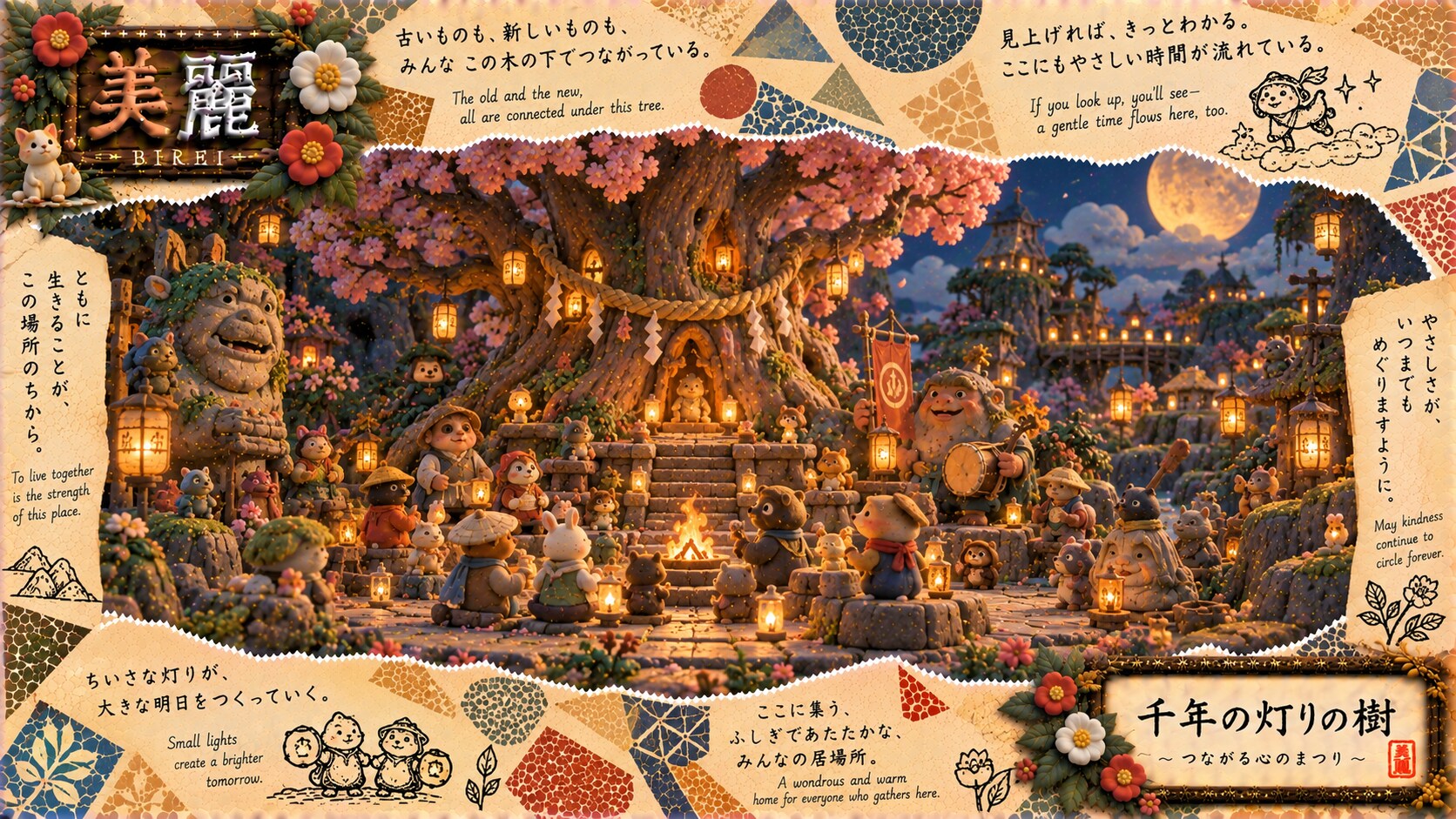 A whole village of little clay spirits gathered beneath a thousand-year cherry tree, lanterns lit fo | の人気AIイラスト・グラビア