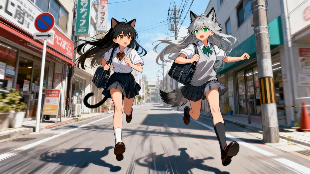 寝坊して猛ダッシュで学校に行くさくらちゃんとステラちゃん