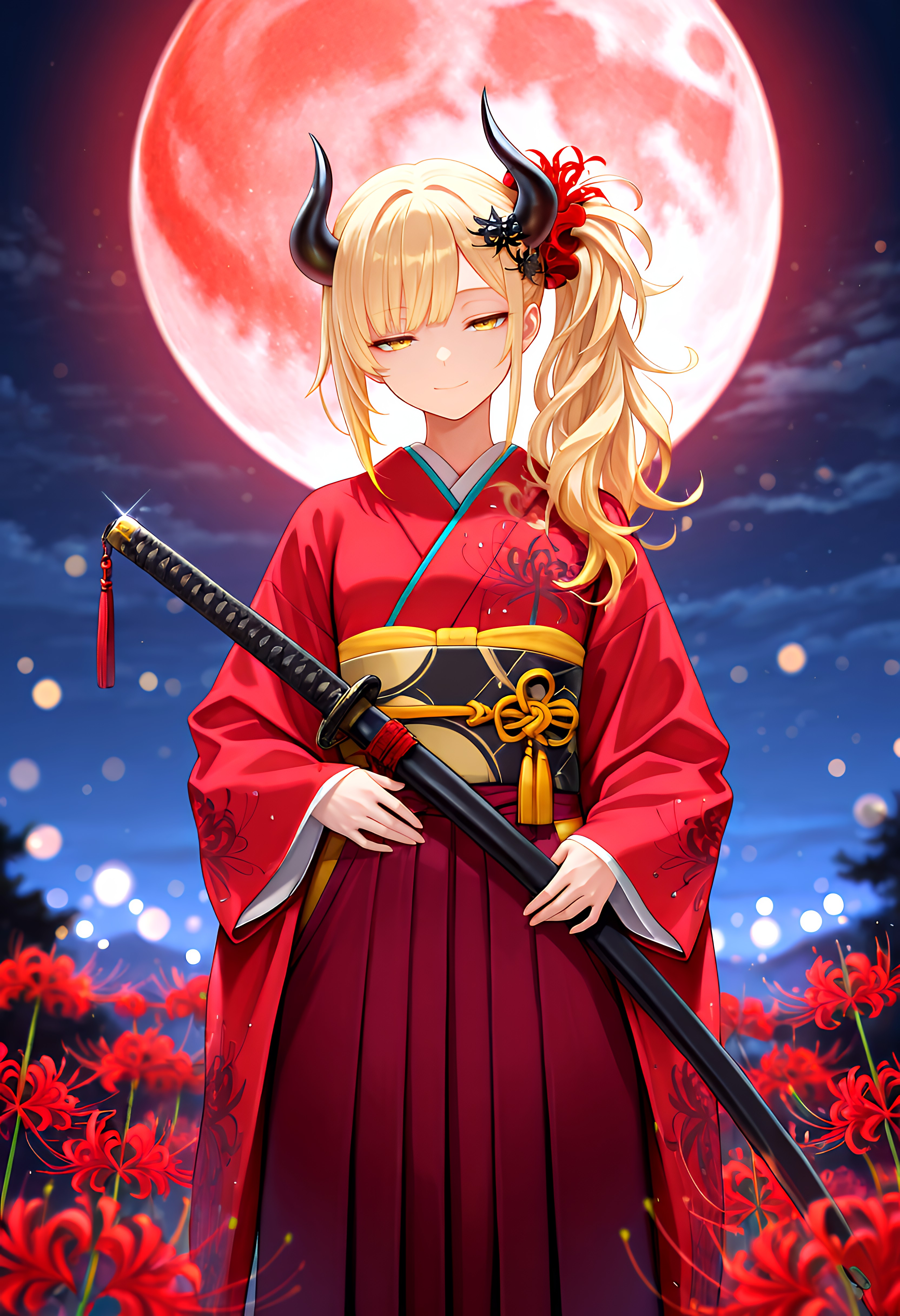 赤い月と彼岸花と女鬼高生さん | の人気AIイラスト・グラビア