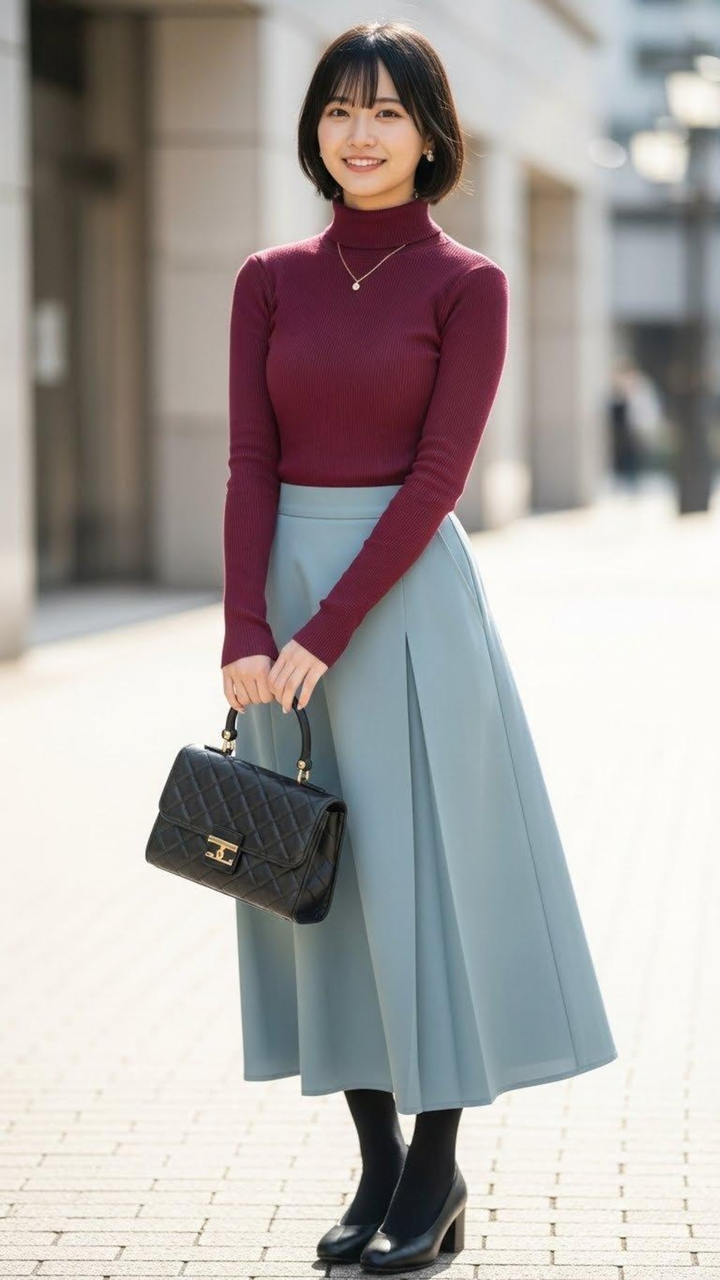 デートの装い。　　　　ポーズやファッション、ファッションに対する小物のコーディネート、背景は限定せずにAIが選んでいます。