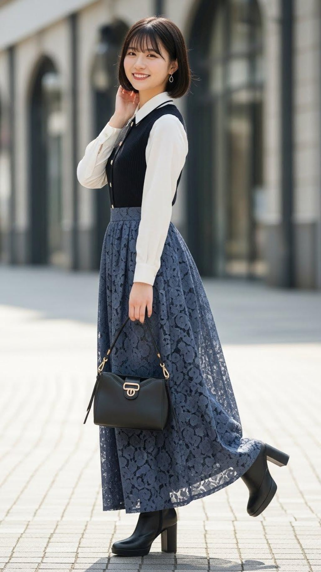 デートの装い。　　　　ポーズやファッション、ファッションに対する小物のコーディネート、背景は限定せずにAIが選んでいます。