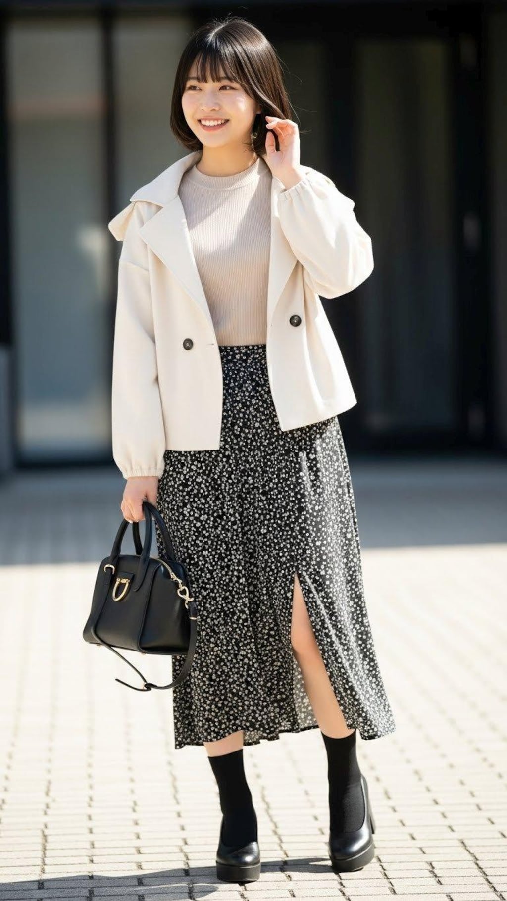 デートの装い。　　　　ポーズやファッション、ファッションに対する小物のコーディネート、背景は限定せずにAIが選んでいます。