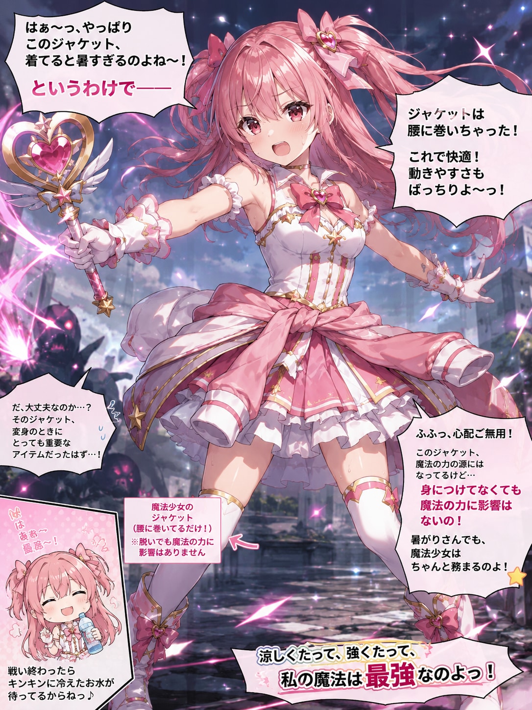 変身衣装のジャケットを腰に巻いている暑がりやの魔法少女 | の人気AIイラスト・グラビア