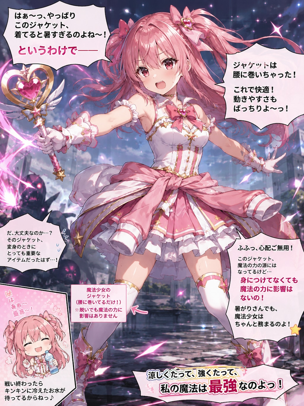 変身衣装のジャケットを腰に巻いている暑がりやの魔法少女
